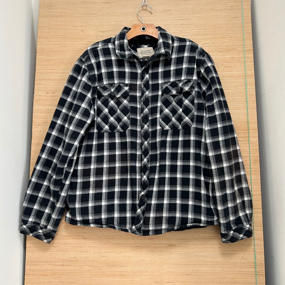 Boston Traders Mens Large Sherpa Lined Flannel‎ Shirt Jacket Black White Plaid